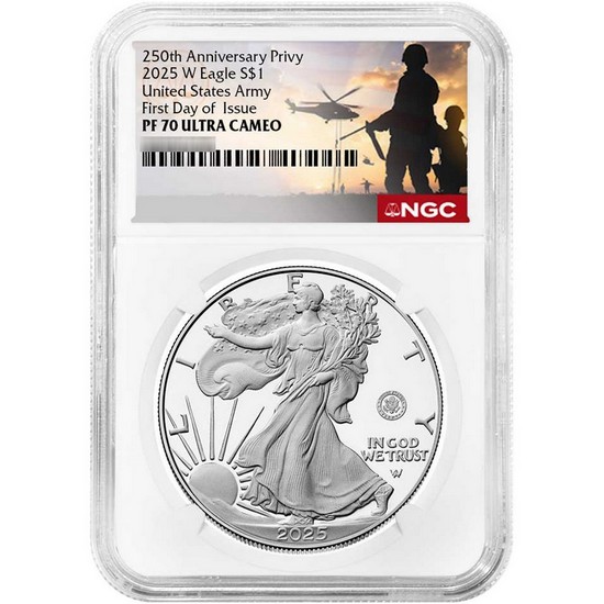 2025 W Silver American Eagle 250th US Army Privy Coin PF70 UC FDI NGC Military Label