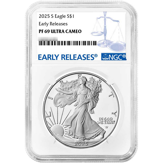 2025 S Silver American Eagle Coin PF69 UC ER NGC Blue Label