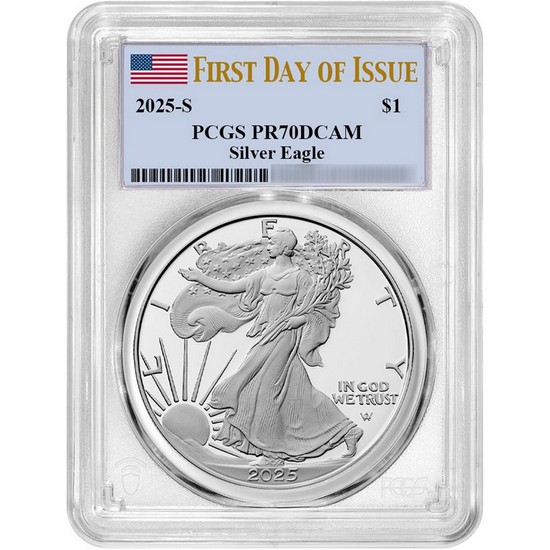 2025 S Silver American Eagle Coin PR70 DCAM FDI PCGS Flag Label
