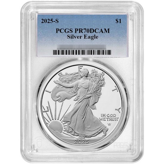 2025 S Silver American Eagle Coin PR70 DCAM PCGS Standard Blue Label