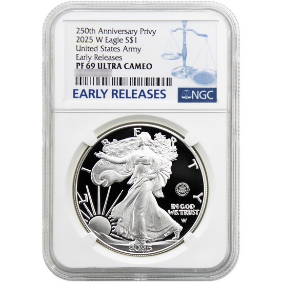 2025 W Silver American Eagle 250th US Army Privy Coin PF69 UC ER NGC Blue label