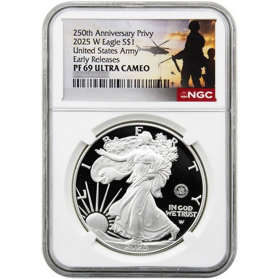 2025 W Silver American Eagle 250th US Army Privy Coin PF69 UC ER NGC Military Label