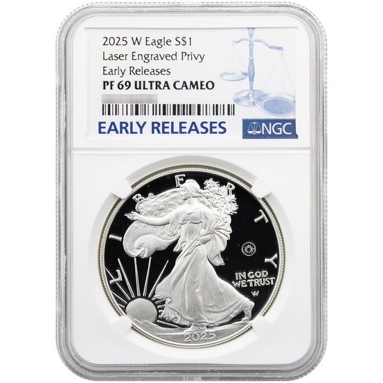 2025 W Silver American Eagle Laser Engraved Privy Coin PF69 UC NGC Blue label