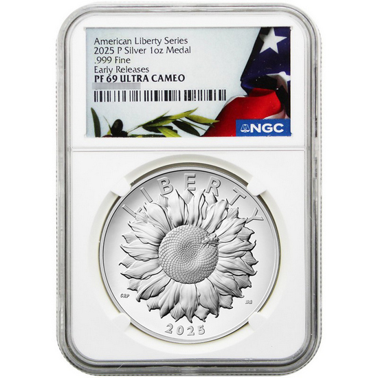 2025 P Silver American Liberty Series Sunflower 1oz Medal PF69 UC ER NGC Flag/Olive Branch Label