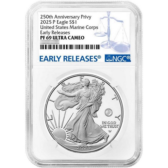 2025 P Silver American Eagle United States Marine Corps Privy Coin PF69 UC ER NGC Blue Label