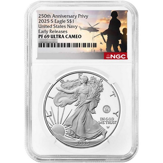 2025 S Silver American Eagle United States Navy Privy Proof Coin PF69 UC ER NGC Military Label