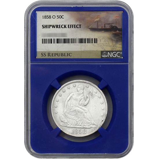 1858 O Liberty Seated Half Dollar SS Republic Shipwreck Effect NGC Blue Core 1858 O Liberty Seated Half Dollar SS Republic Shipwreck Effect NGC Blue Core