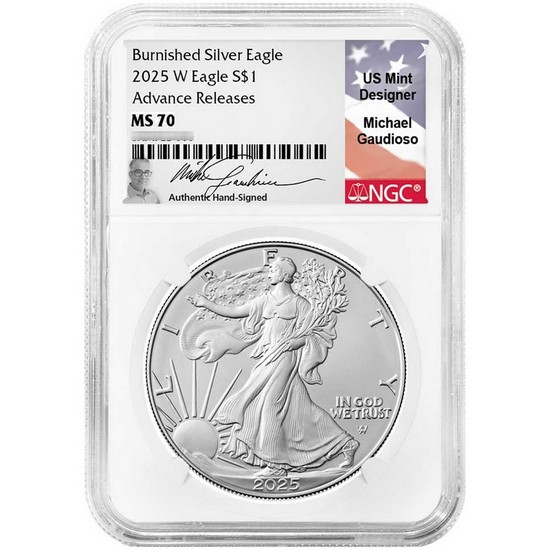 2025 W Burnished Silver American Eagle MS70 AR NGC Gaudioso Signed Label