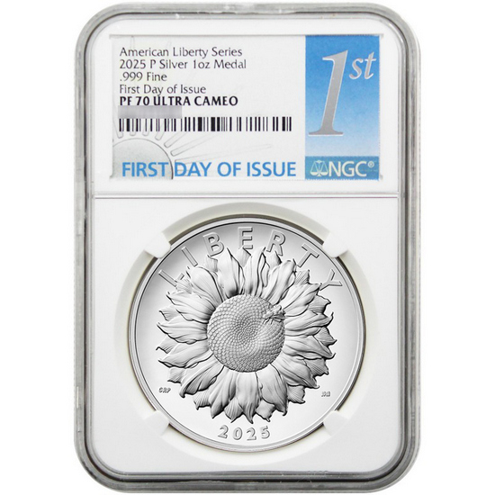 2025 P Silver American Liberty Series Sunflower 1oz Medal PF70 UC ER FDI NGC 1st Label