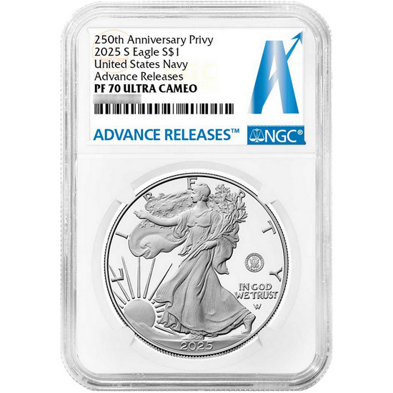 2025 S Silver American Eagle 250th US Navy Privy Coin PF70 UC AR NGC Advance Releases Label