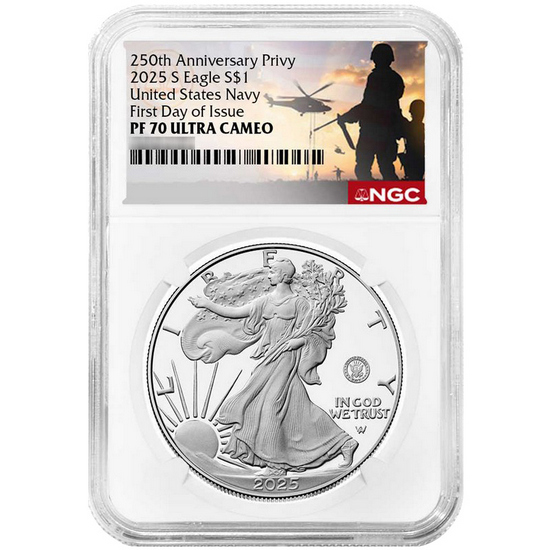 2025 S Silver American Eagle 250th US Navy Privy Coin PF70 UC FDI NGC Military Label