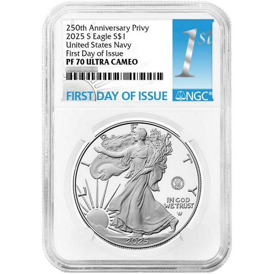2025 S Silver American Eagle 250th US Navy Privy Coin PF70 UC FDI NGC 1st Label