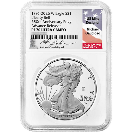 1776-2026 W Silver American Eagle Liberty Bell 250th Anniversary Privy Coin PF70 UC AR NGC Advance Releases Michael Gaudioso Signature Label
