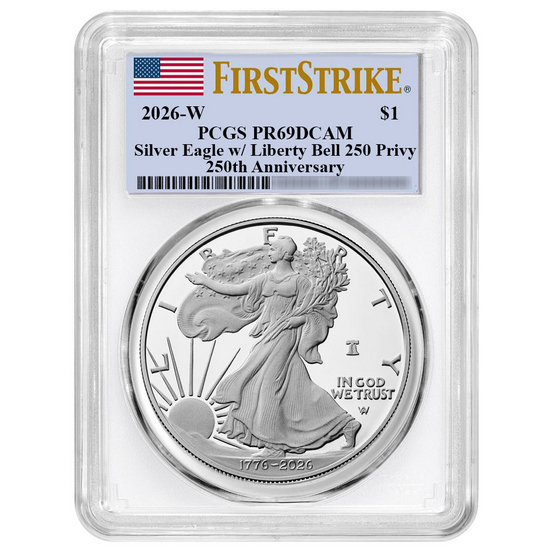 1776-2026 W Silver American Eagle Liberty Bell 250th Anniversary Privy Coin PR69 DCAM FS PCGS Flag Label