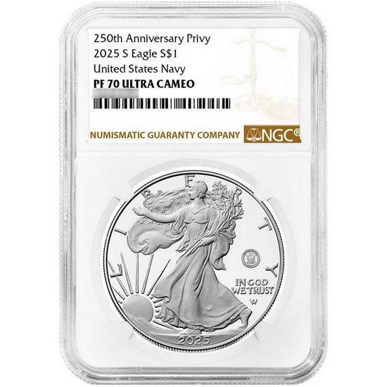 2025 S Silver American Eagle United States Navy Privy Proof Coin PF70 UC NGC Brown Label