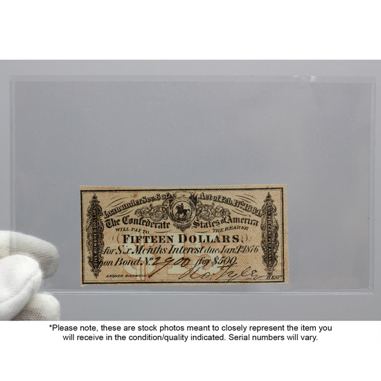 1864 $15 Confederate States of America Bond Note in CU Condition