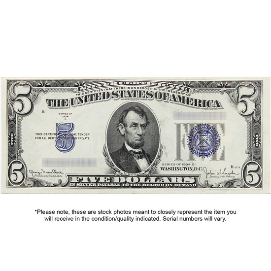 Series 1934 $5 Blue Seal Silver Certificate AU/CU Condition