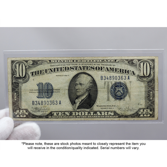 1934 $10 Note Silver Certificate G/VG Condition