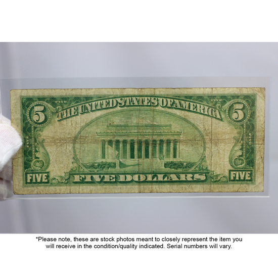 Series 1928 $5 Redeemable in Gold Federal Reserve Note VG/F Condition