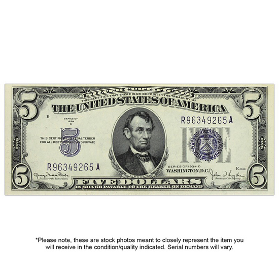 1934 $5 Note Silver Certificate Blue Seal CU Condition