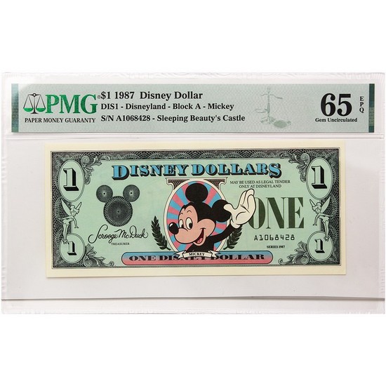 1987 $1 Disney Dollar PMG 65 EPQ Gem Uncirculated – Mickey Mouse – Disneyland – Block A