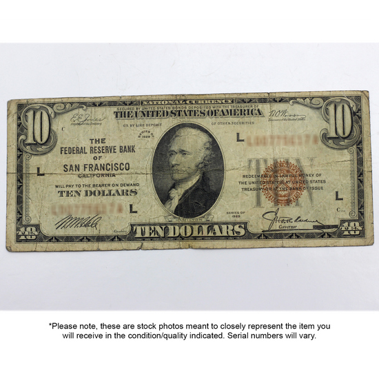 Series 1929 $10 Federal Reserve Bank of San Francisco National Currency Note VG/F Condition