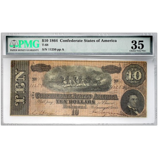 1864 $10 Confederate Currency Note VF35 PMG