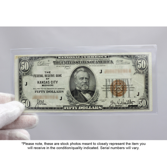 Series 1929 $50 National Currency Federal Reserve Bank of Kansas City Note in VG/F Condition