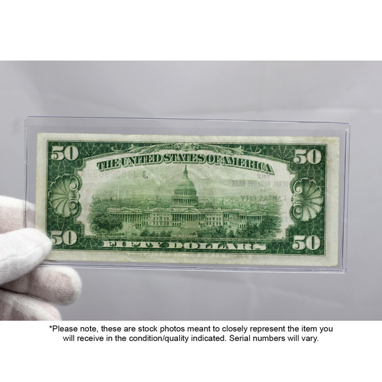 Series 1929 $50 National Currency Federal Reserve Bank of Kansas City Note in VG/F Condition Series 1929 $50 National Currency Federal Reserve Bank of Kansas City Note in VG/F Condition