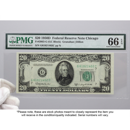 1950 D $20 Federal Reserve Note 66 Gem Uncirculated EPQ PMG