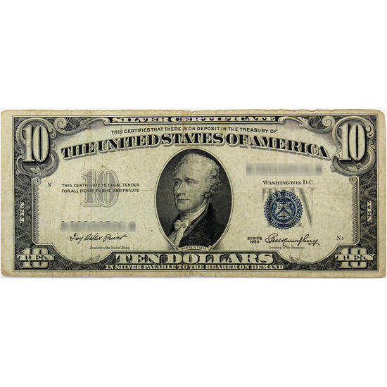 1953 $10 Silver Certificate Blue Seal Note VG/F Condition