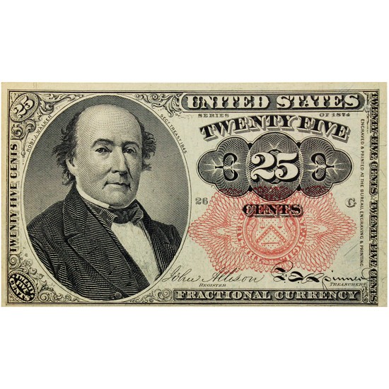 1874 United States 25c Fractional Currency Note in Very Good-Fine Condition w/ Informational Folder