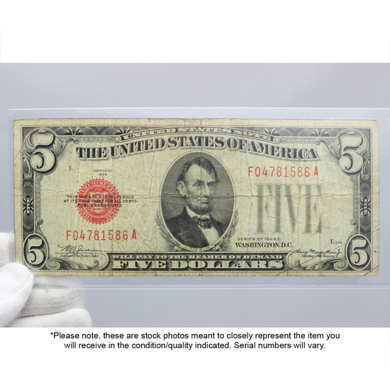 Series 1928 $5 Red Seal Legal Tender Note VG/VF Condition