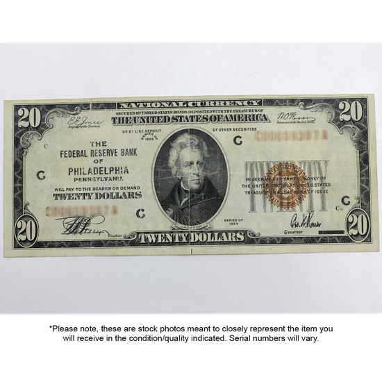 Series 1929 $20 Federal Reserve Bank of Philadelphia National Currency Note VG/F Condition