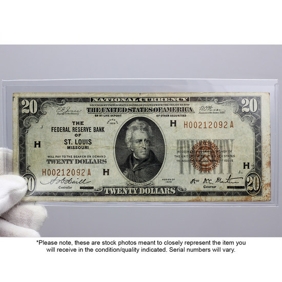 Series 1929 $20 Federal Reserve Bank of St. Louis National Currency Note VG/F Condition