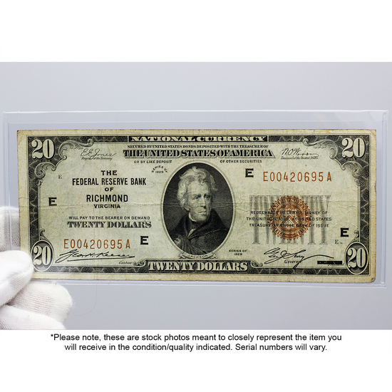 Series 1929 $20 Federal Reserve Bank of Richmond National Currency Note VG/F Condition