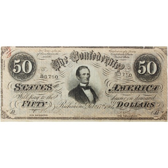 1864 $50 Confederate States of America Note VG/F Condition