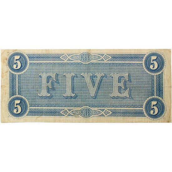1864 $5 Confederate Currency Note VG/F Condition