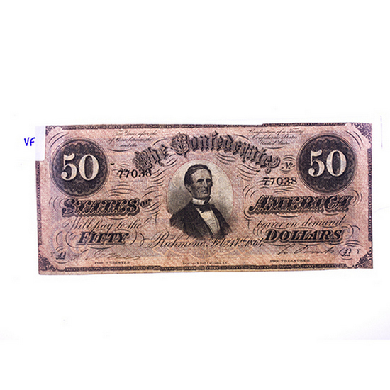 1864 $50 Confederate Note VG/F Condition