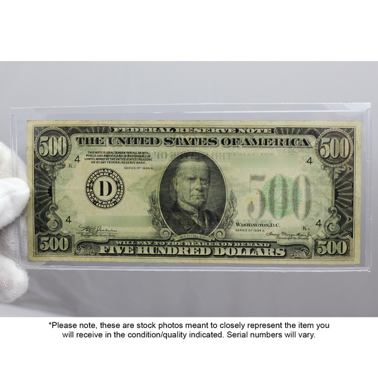 1934 $500 Green Seal Federal Reserve Note VG/F Condition