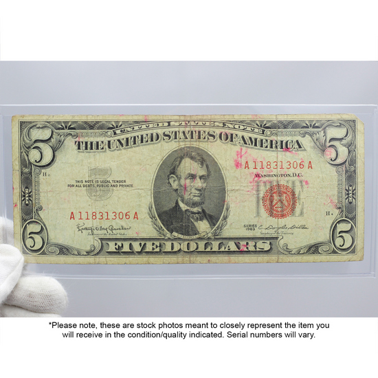 Series 1928/1953/1963 $5 Red/Blue Seal Note Damaged/Cull Condition