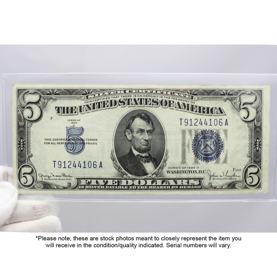 Series 1934 $5 Blue Seal Silver Certificate EF/AU Condition