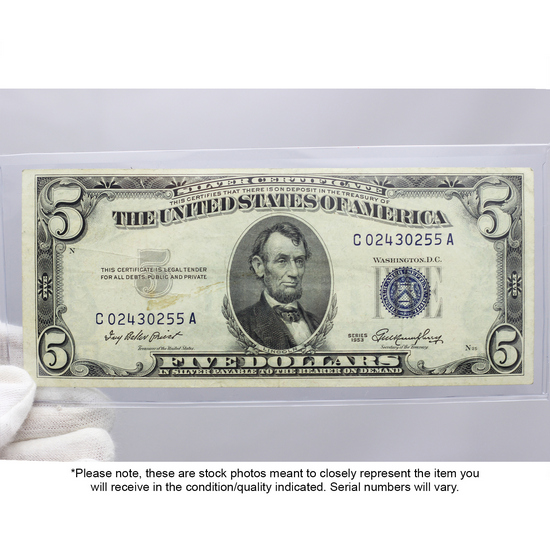 Series 1953 $5 Blue Seal Silver Certificate VG/VF Condition
