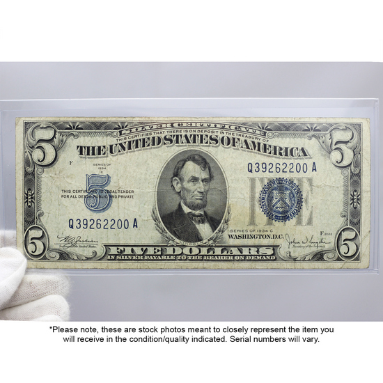 Series 1934 $5 Blue Seal Silver Certificate VG/VF Condition