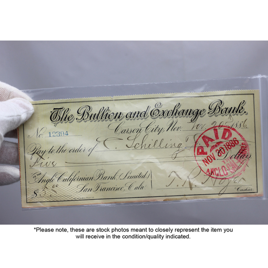 1886 Carson City Bullion and Exchange Bank Check