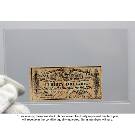 1864 $30 Confederate States of America Bond Note in EF/AU Condition