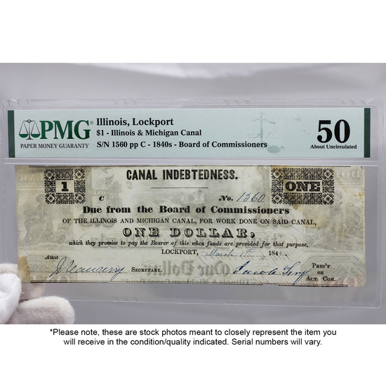 1840's $1 Illinois & Michigan Canal Canceled Stained Note PMG AU50