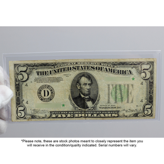 1934 $5 Federal Reserve Star Note VG/F Condition