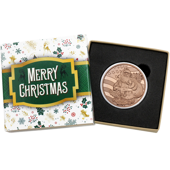 2025 Merry Christmas Patriotic Santa Claus 1 AVDP Ounce Fine Copper Medallion in Gift Box
