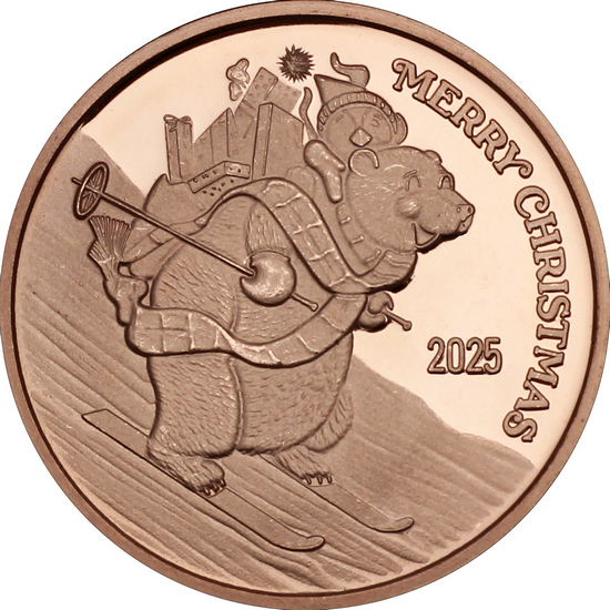 2025 Merry Christmas Skiing Polar Bear Delivery 1 AVDP Ounce Fine Copper Medallion in Gift Box 2025 Merry Christmas Skiing Polar Bear Delivery 1 AVDP Ounce Fine Copper Medallion in Gift Box